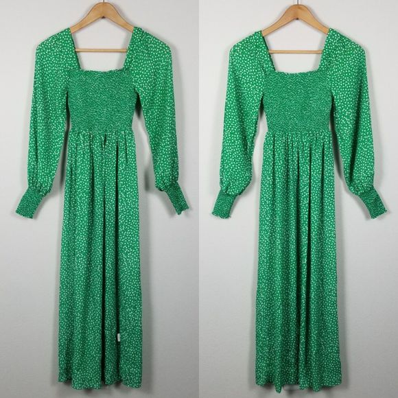 Rixo Marianne Green Micro Floral Smocked Prarie Silk Blend Midi Dress Size XXS - Picture 8 of 14